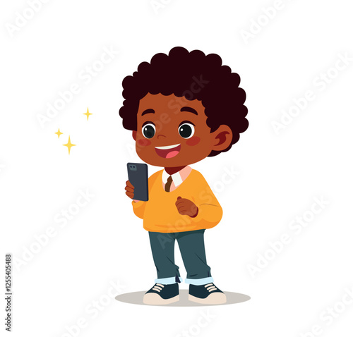 little kid use smartphone and feel happy	