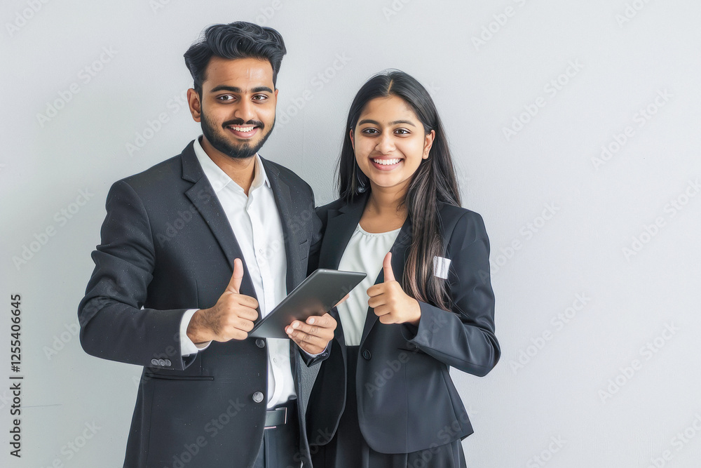 young indian couple holding tablet on white background young indian couple holding tablet on white background