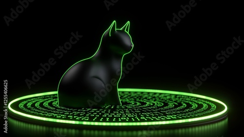 A glowing green outline of a black cat is positioned in a circular pattern of binary code against a dark background.