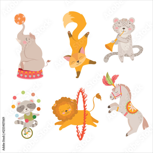 Circus. Circus animals actors. Mobile Fair. Holiday. Performance. Tricks. Attributes of a circus show. Decorations for the holiday. Vector illustration