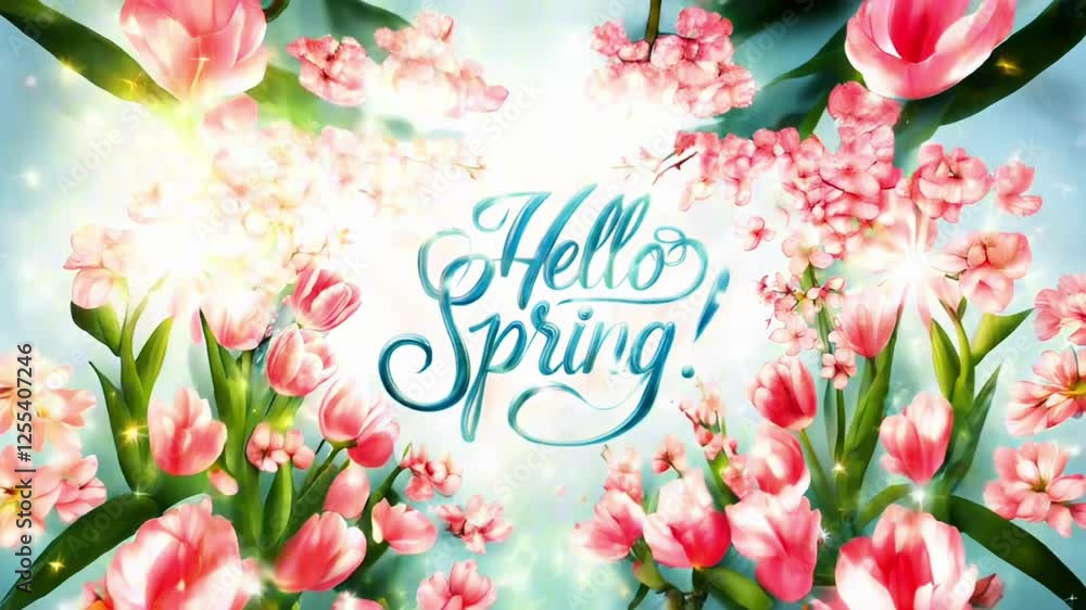 Pink tulips and cherry blossoms frame a light blue Hello Spring text ...