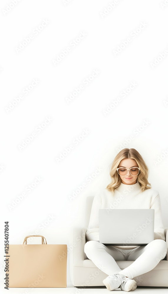Woman works on laptop, seated on armchair, in white room, shopping bag at the side. Lifestyle, remote work, study, advertisement use Woman works on laptop, seated on armchair, in white room, shopping bag at the side. Lifestyle, remote work, study, advertisement use