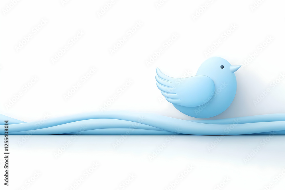 Obraz premium 3D blue bird perched on a winding blue line against a plain white background, possibly used for a social media-themed presentation