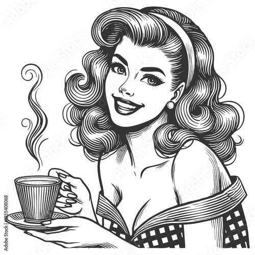 Smiling Retro Woman Drinking Coffee vector
