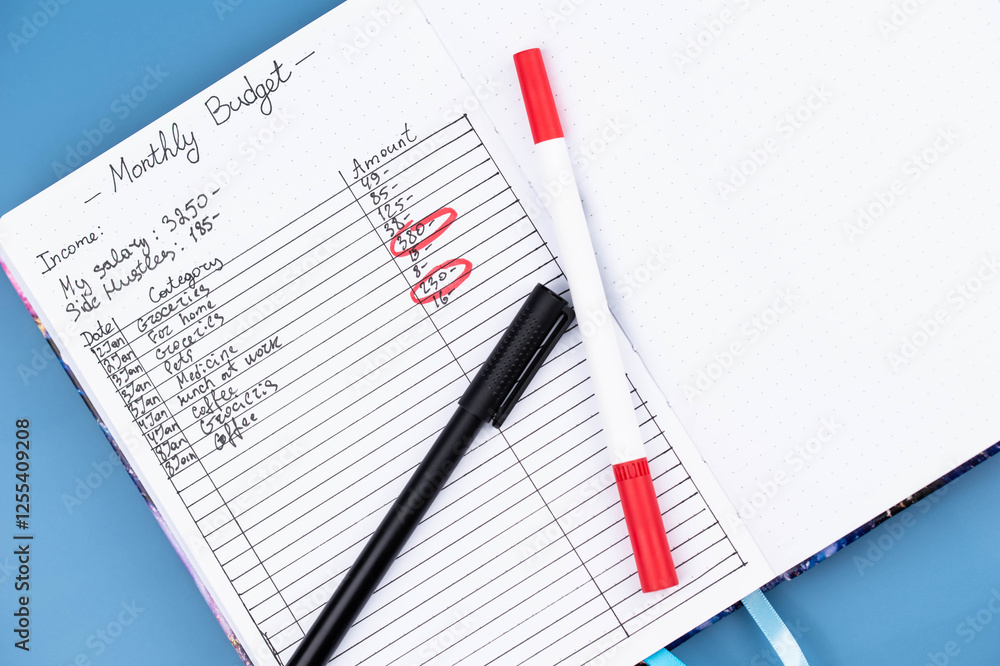 Open daily planner notebook on desk, with neatly handwritten organized Monthly Budget tracking. With dates, categories and expenses. Personal finance management, spending and budgeting habits concept. Open daily planner notebook on desk, with neatly handwritten organized Monthly Budget tracking. With dates, categories and expenses. Personal finance management, spending and budgeting habits concept.