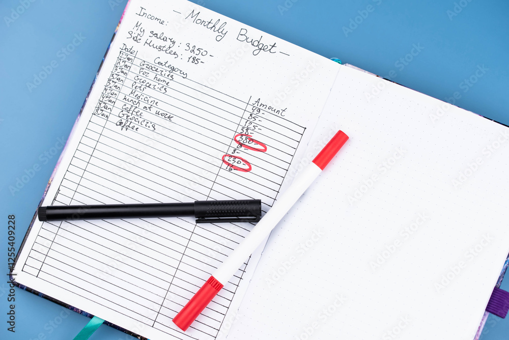 Open daily planner notebook on desk, with neatly handwritten organized Monthly Budget tracking. With dates, categories and expenses. Personal finance management, spending and budgeting habits concept. Open daily planner notebook on desk, with neatly handwritten organized Monthly Budget tracking. With dates, categories and expenses. Personal finance management, spending and budgeting habits concept.