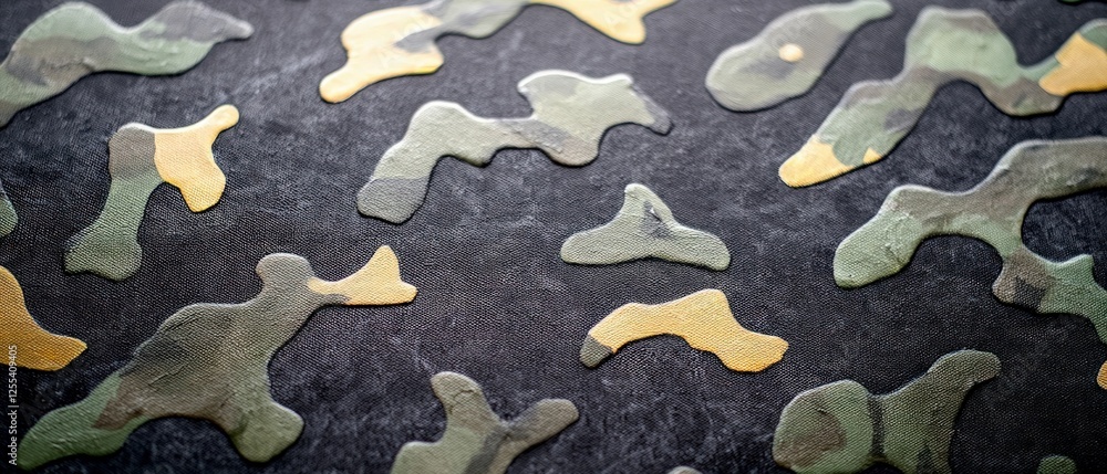 Fototapeta premium Close-Up View of a Dark Camouflage Pattern with Green and Gold Irregular Shapes