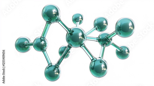 Glossy green molecular structure with interconnected spheres and rods on white background

