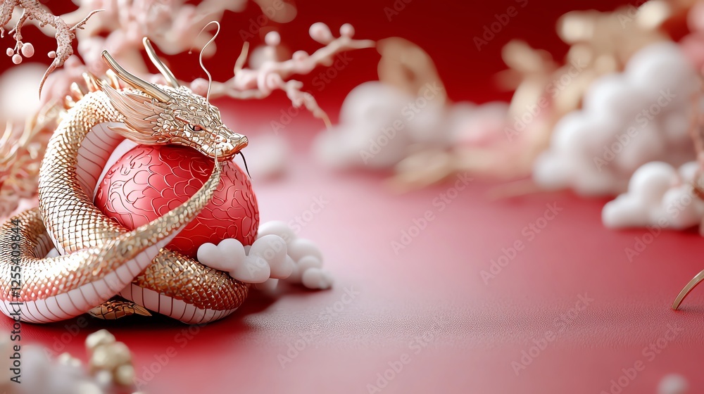 Naklejka premium Elegant dragon sculpture with vibrant red background, surrounded by clouds; symbolizing tradition and power.