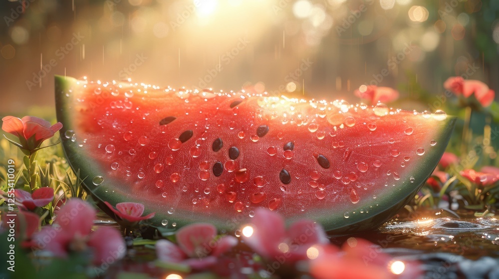 A close-up of a juicy watermelon slice on a summer picnic table, ultra-realistic A close-up of a juicy watermelon slice on a summer picnic table, ultra-realistic