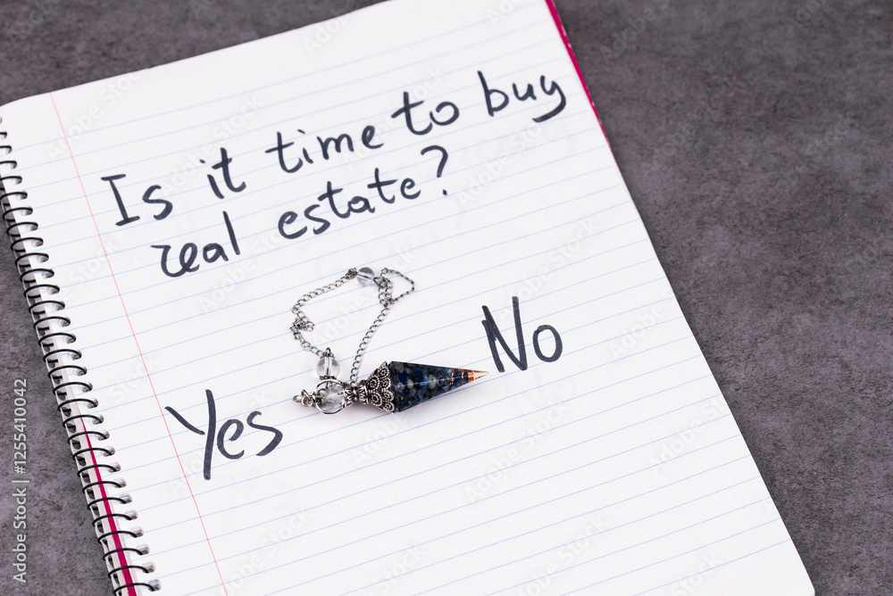 Magic Pendulum swinging between Yes and No over the question Is it time to buy real estate? Concept of irrational business decisions, mysticism, humorous critique of modern financial planning. Magic Pendulum swinging between Yes and No over the question Is it time to buy real estate? Concept of irrational business decisions, mysticism, humorous critique of modern financial planning.