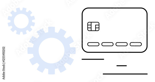 Credit card with chip and horizontal lines suggesting movement, accompanied by gears. Ideal for fintech, e-commerce, automation, banking, technology, transactions and secure payments. Line metaphor