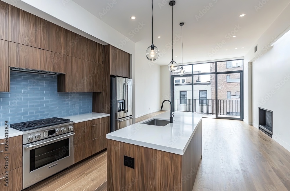 Fototapeta premium Modern kitchen with a light blue tile backsplash, white countertops, and wooden cabinets