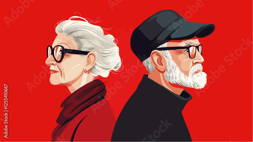 Illustration of pensioners. Elderly couple. Grandmother and grandfather.