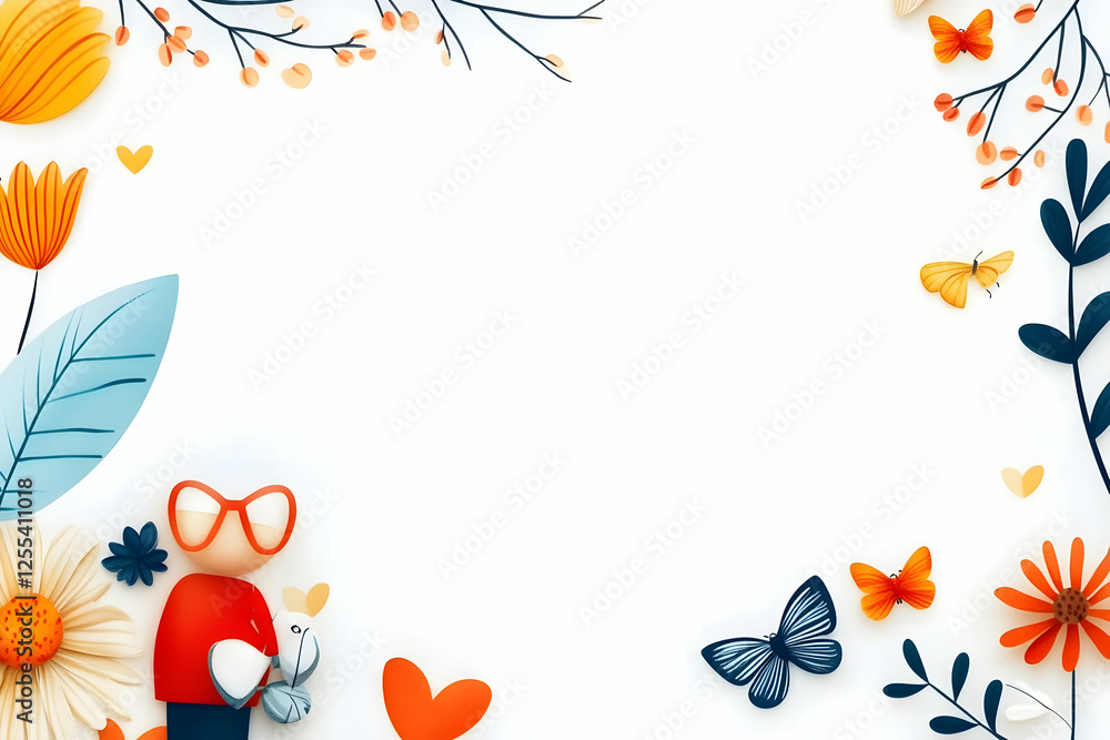 Charming floral frame illustration with elderly cartoon figure holding a flower on a white background for festive occasions and celebrations Charming floral frame illustration with elderly cartoon figure holding a flower on a white background for festive occasions and celebrations