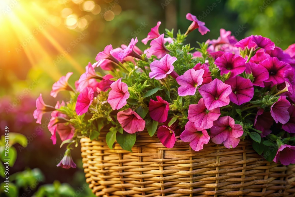Vibrant pink petunias overflow a deep-wicker basket, summer's bloom captured in sharp detail. Vibrant pink petunias overflow a deep-wicker basket, summer's bloom captured in sharp detail.
