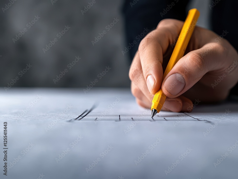 Close-up of a hand sketching design plans with a yellow pencil on paper. Close-up of a hand sketching design plans with a yellow pencil on paper.
