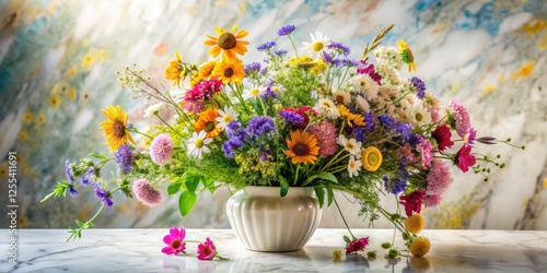 Wallpaper Mural Vibrant spring wildflowers burst in a panoramic bouquet, artfully arranged in a marble vase. Torontodigital.ca