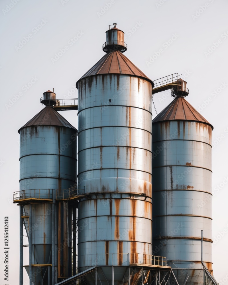 Three Rusty Industrial Grain Silos Outdoors Three Rusty Industrial Grain Silos Outdoors