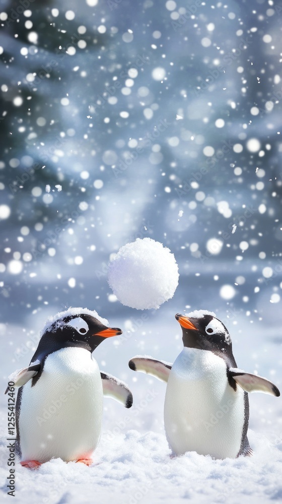 Obraz premium Two penguins playing with a snowball in snowy weather.
