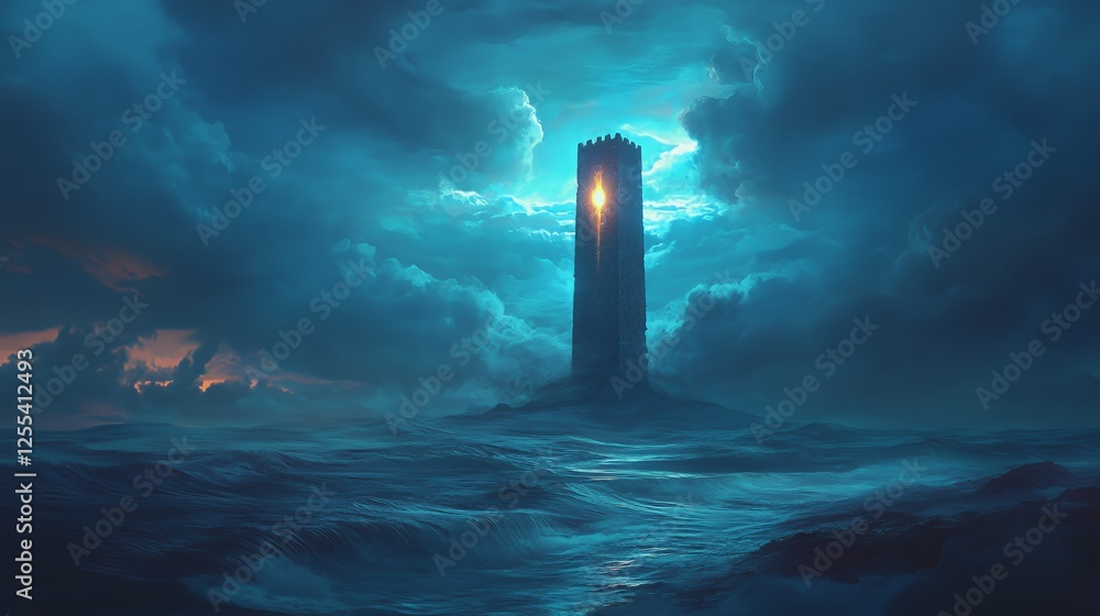 Luminous Tower Amidst Dark Stormy Seas Luminous Tower Amidst Dark Stormy Seas
