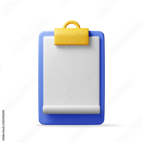 3d clipboard with empty paper sheet isolated on white background. Clipboard render with white paper. Folder for documents with golden clip. Office stationery or paperwork concept. Vector illustration