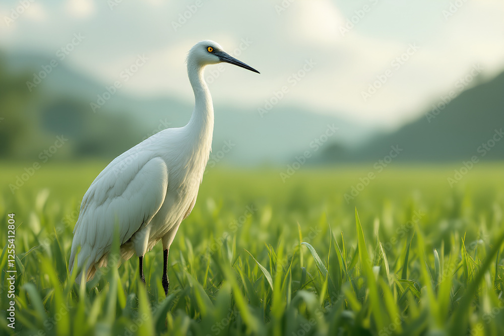 Serene Nyepi Day Reflection White Heron Standing Calmly in Lush Green Rice Field with Misty Mountains in the Background Showcasing Spiritual Connection and Peace Serene Nyepi Day Reflection White Heron Standing Calmly in Lush Green Rice Field with Misty Mountains in the Background Showcasing Spiritual Connection and Peace