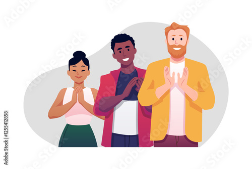 Vector illustration of happy men and women of different nationalities clapping their hands.