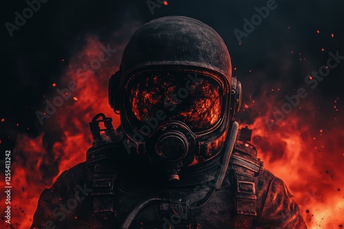 A man in a space suit is surrounded by fire