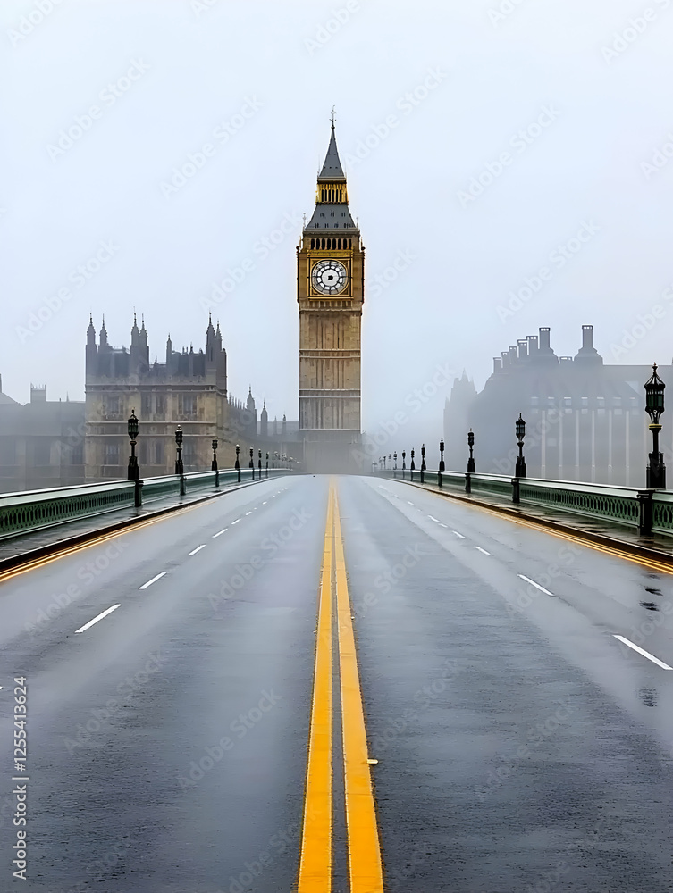 Foggy view on bridge leading towards Big Ben in London, UK. Possible travel, tourism, architecture, or cityscape usage Foggy view on bridge leading towards Big Ben in London, UK. Possible travel, tourism, architecture, or cityscape usage