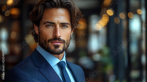 Confident Professional Portrait: A handsome man in a blue suit with a crisp white shirt and a bold tie, his eyes meeting the camera with a confident and focused gaze.
