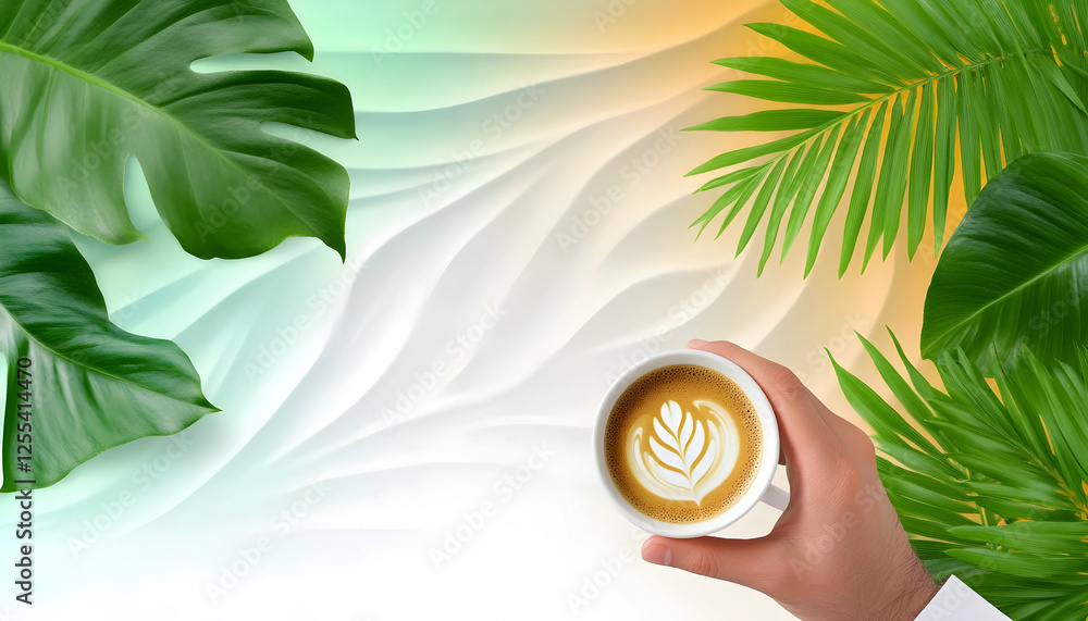 Obraz premium Hand holds latte art against textured backdrop with palm leaves; use for cafe promotion, menu design, or tropical beverage advertisement