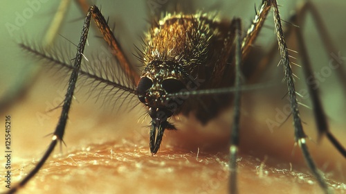 A zoomed-in image of an Aedes aegypti mosquito drawing blood from human skin, with its proboscis inserted and visible under a microscope  photo