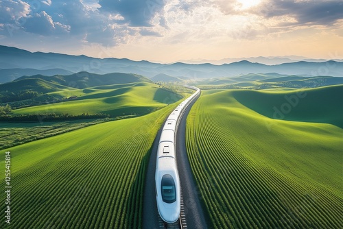Futuristic high-speed train is traveling through beautiful green fields and hills, creating a stunning scene of modern technology meeting nature at sunset