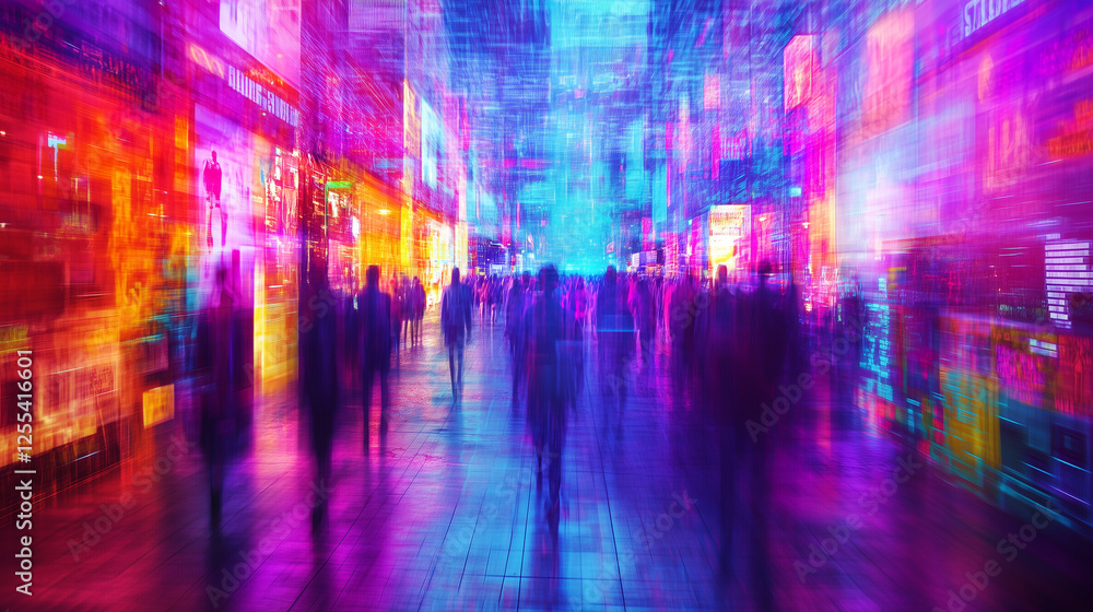 Naklejka premium Vibrant cyberpunk alley illuminated by neon lights and bustling crowds during a lively night