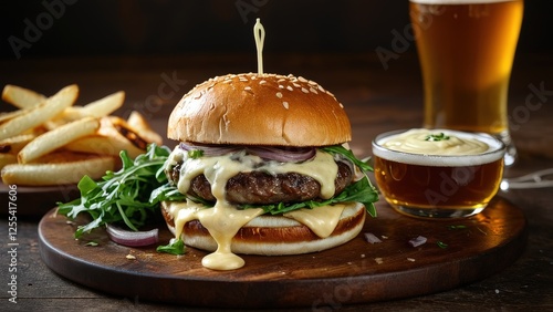 A delicious gourmet burger with melted cheese, fresh arugula, and sesame bun, served with crispy fries and refreshing beer. Perfect for food enthusiasts and restaurant promotions