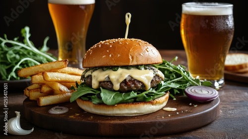 A delicious gourmet burger with melted cheese, fresh arugula, and sesame bun, served with crispy fries and refreshing beer. Perfect for food enthusiasts and restaurant promotions