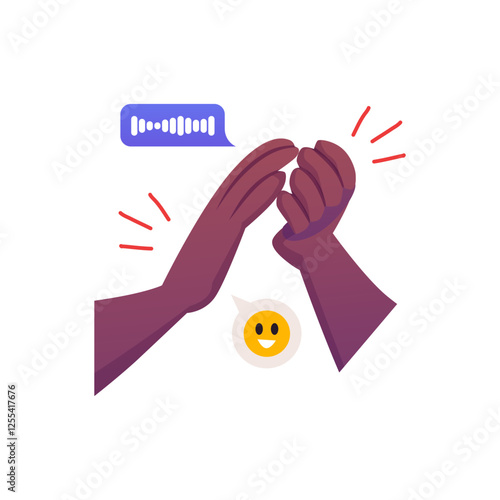 Clapping hands gesture, smiley and voice message, vector afro hands applauds, arm sign of encouragement and appreciation