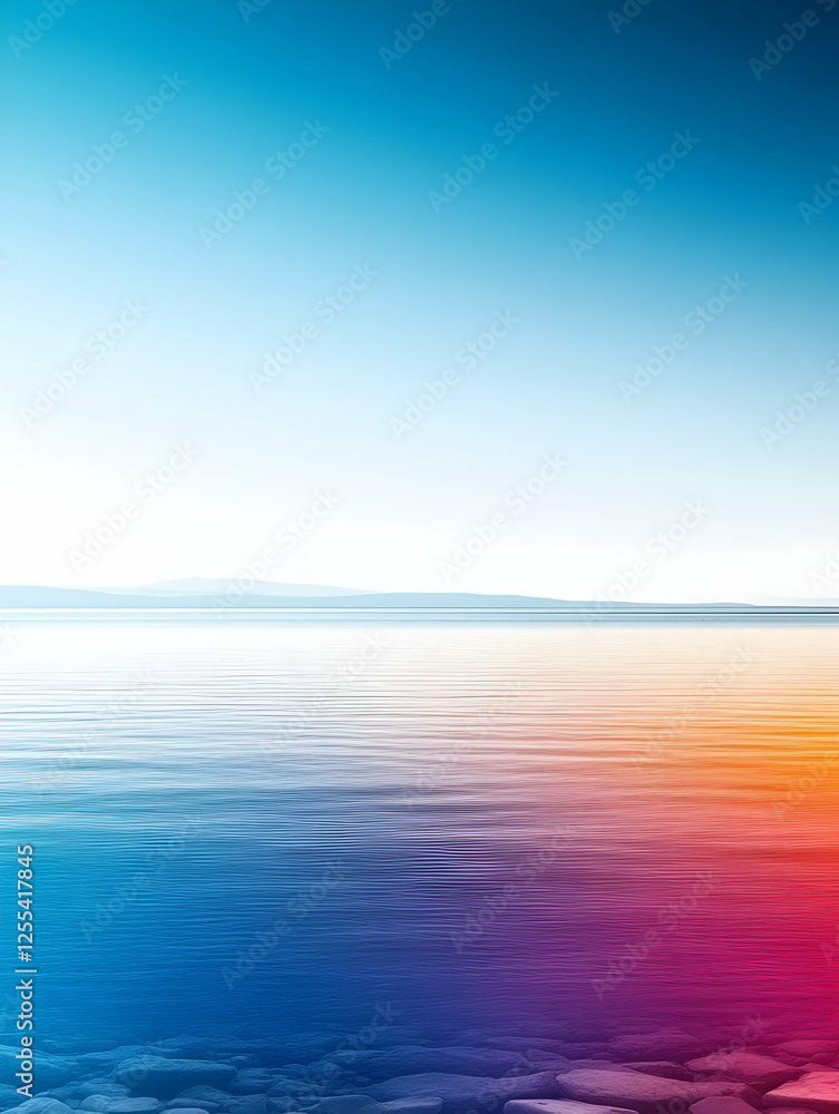 Serene lake surface reflecting sky, mountains visible beyond, peaceful, used for travel brochure or nature-themed online marketing Serene lake surface reflecting sky, mountains visible beyond, peaceful, used for travel brochure or nature-themed online marketing