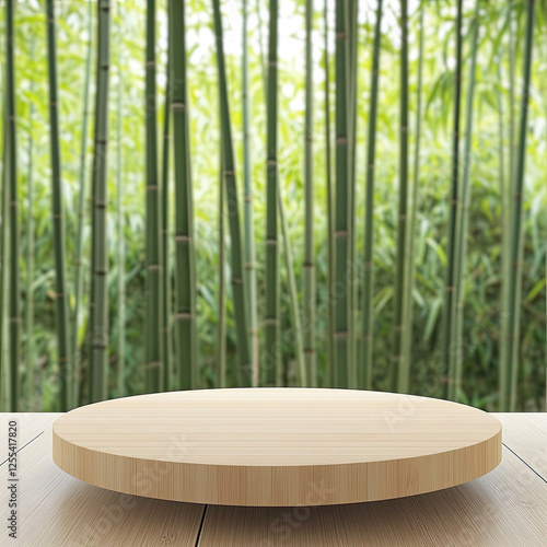 Empty round wooden table against bamboo forest background in 3d style for product presentation and advertising