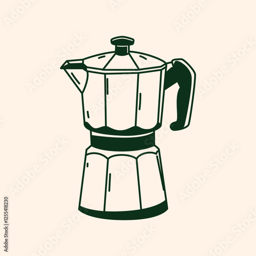 A stovetop espresso maker awaits its caffeine filled destiny, hand drawn style
