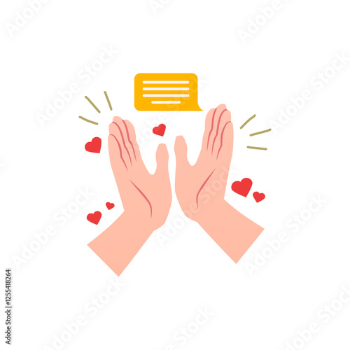 Clapping hands gesture with speech bubble and hearts flat vector icon, cartoon hands applauds appreciation and love sign