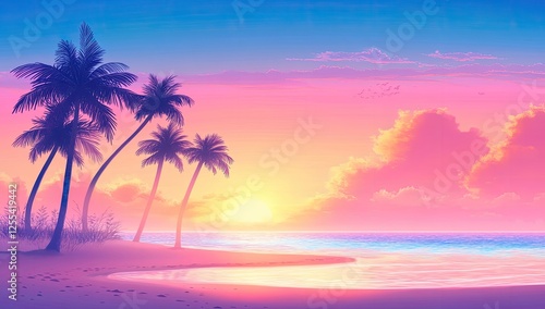 A Vibrant, Pastel Sunset Paradise A Serene Beach Scene at Dusk