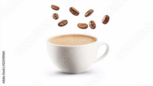 A steaming cup of coffee with floating beans against a crisp white backdrop creates a sense of simple pleasure