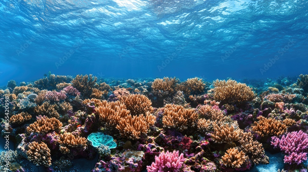 Obraz premium Vibrant coral reef underwater scene, sunlight, ocean