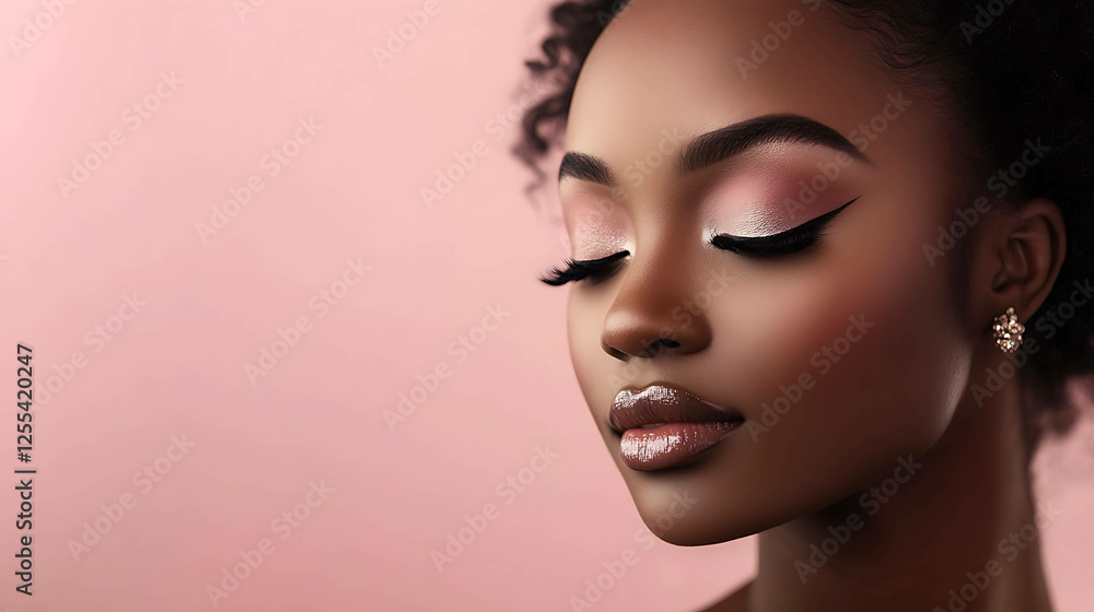 Graceful woman with subtle makeup and a pastel pink backdrop Graceful woman with subtle makeup and a pastel pink backdrop