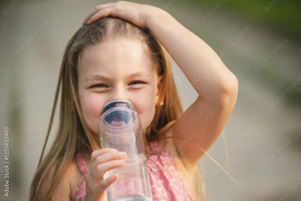 Portrait of a little girl drinking water from a reusable drinking bottle outside in the summer heat. Dehydration in children and heat stroke. Drinking balance regime Portrait of a little girl drinking water from a reusable drinking bottle outside in the summer heat. Dehydration in children and heat stroke. Drinking balance regime