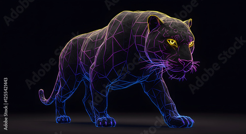 Neon Wireframe Panther: A Digital Artwork of Majestic Predator photo