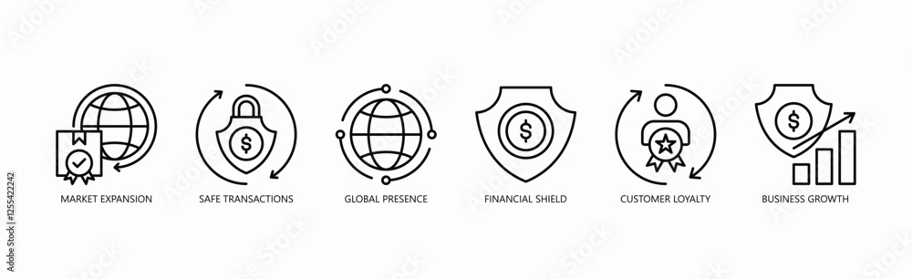 Global Ascend Icon Set Isolated Vector With Icon Of Market Expansion, Safe Transactions, Global Presence, Financial Shield, Customer Loyalty, Business Growth In Outline Style Global Ascend Icon Set Isolated Vector With Icon Of Market Expansion, Safe Transactions, Global Presence, Financial Shield, Customer Loyalty, Business Growth In Outline Style