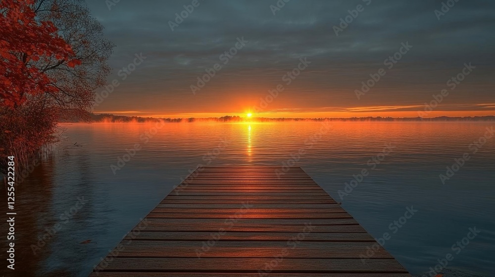 Fototapeta premium Sunset Over Calm Lake With Wooden Pier